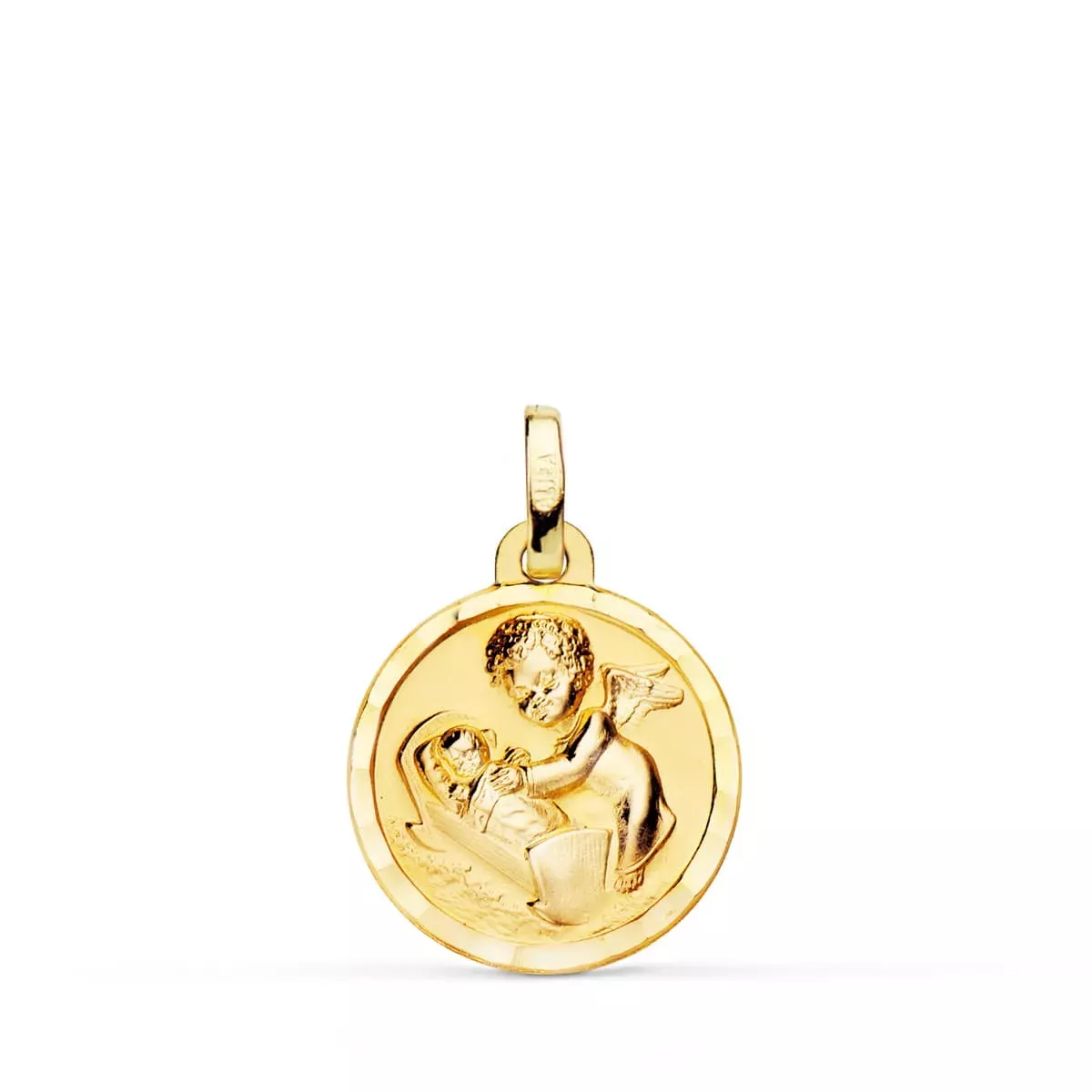 18K MEDALLA ORO AMARILLO ANGEL DE LA GUARDA CON NIÑO 15 MM BISEL 1
