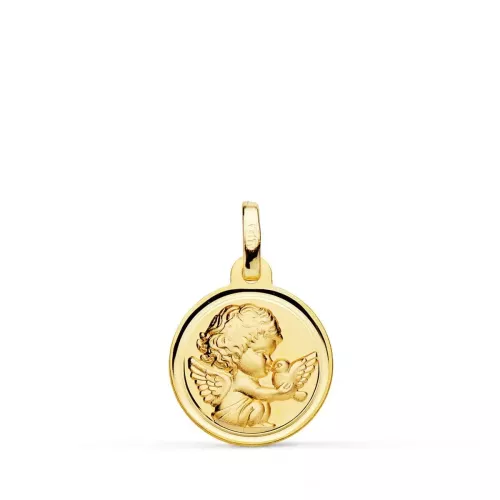 18K MEDALLA ORO AMARILLO ANGEL NIÑO BURLON CON PAJARO BISEL 14 MM 1