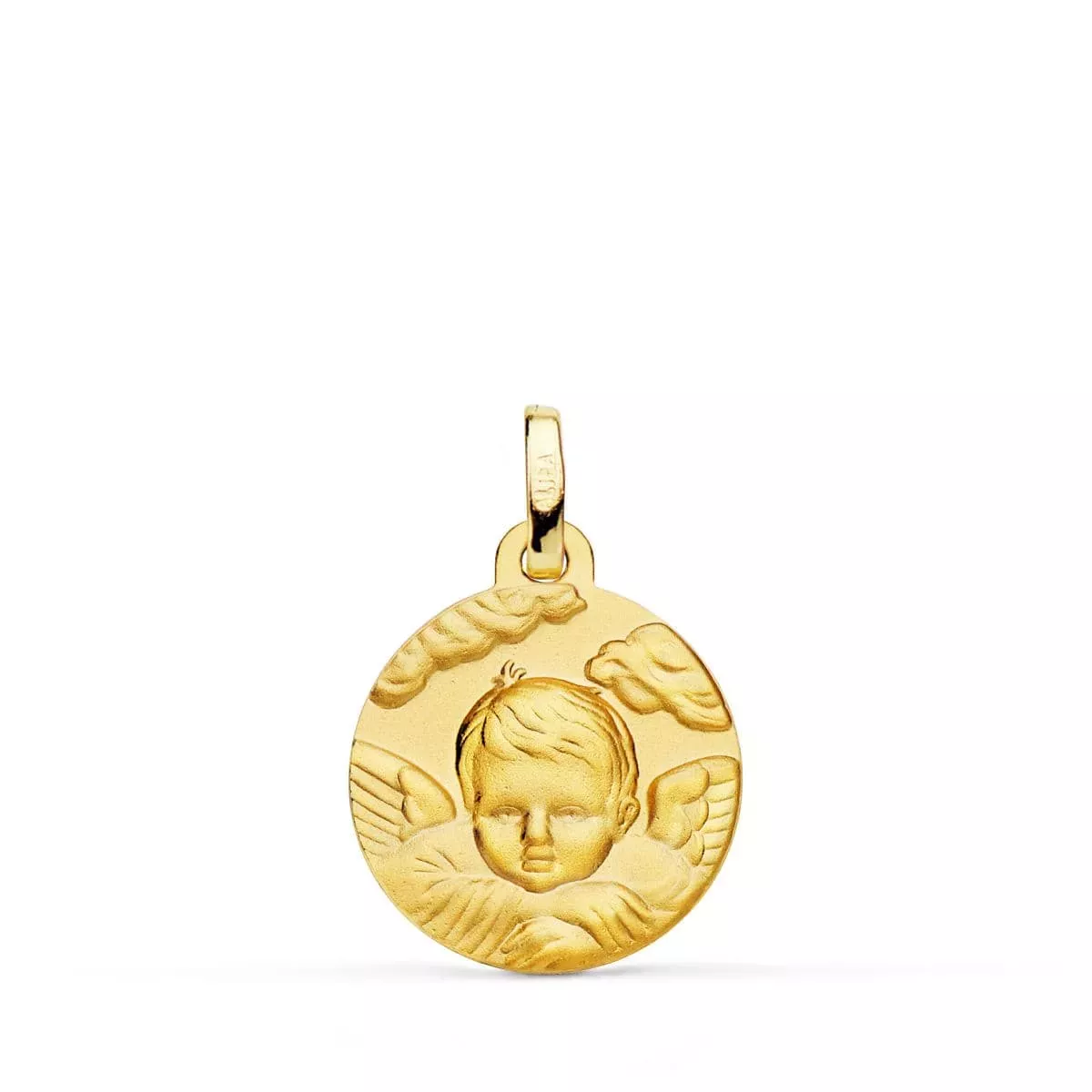 18K MEDALLA ORO AMARILLO ANGEL NIÑO EN LA NUBE MATIZADO. 16 MM 1