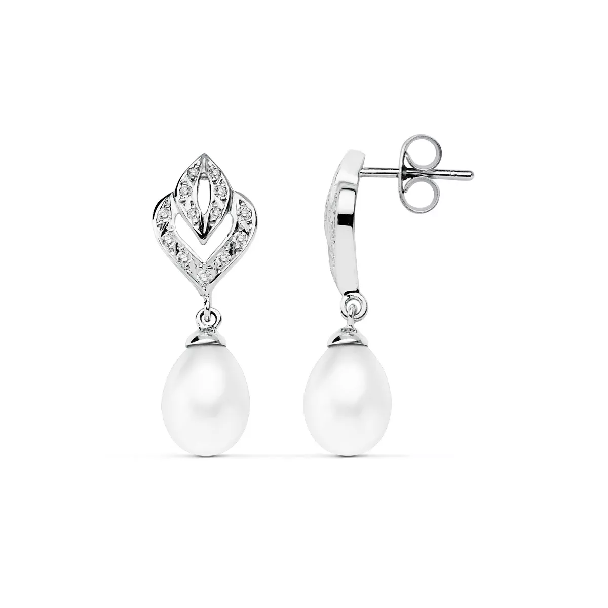 9K PENDIENTES ORO BLANCO PERLA 28X10 MM CIERRE PRESION 2