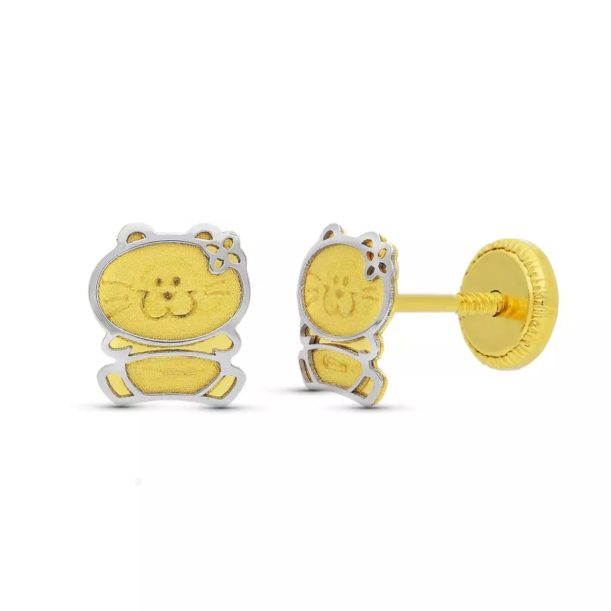 18K PENDIENTES ORO BICOLOR GATITA 6X5 MM CIERRE TUERCA 0