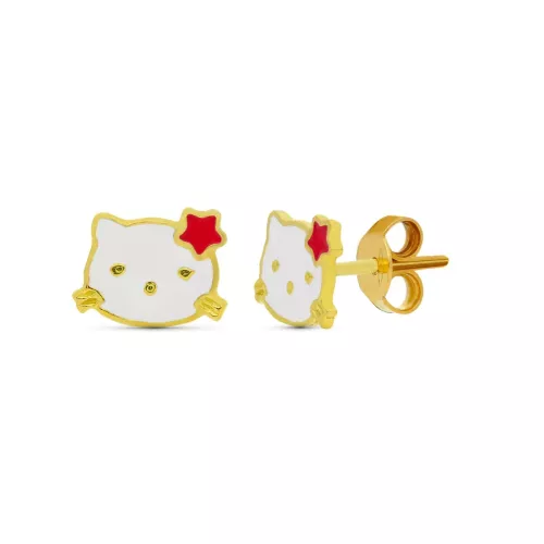 18K PENDIENTES ORO AMARILLO KITTY ESMALTE 10X7 MM CIERRE PRESION 1