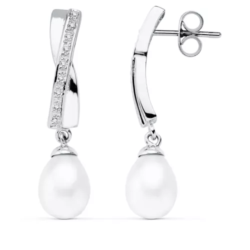 9K PENDIENTES ORO BLANCO PERLA 32X7 MM CIERRE PRESION 2