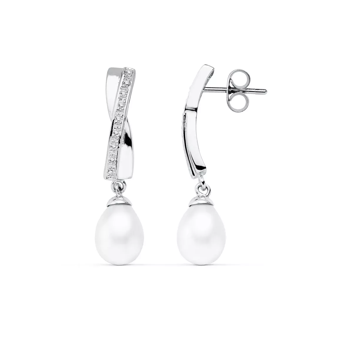 9K PENDIENTES ORO BLANCO PERLA 32X7 MM CIERRE PRESION 2