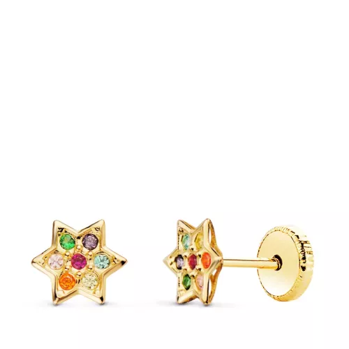 18K PENDIENTES ORO AMARILLO ESTRELLA CON CIRCONITA COLORES 6X6 MM CIERRE TUERCA 0