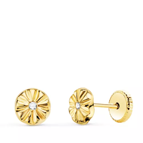 18K PENDIENTES ORO AMARILLO REDONDOS CON CIRCONITA 5 X 5 MM CIERRE TUERCA 0