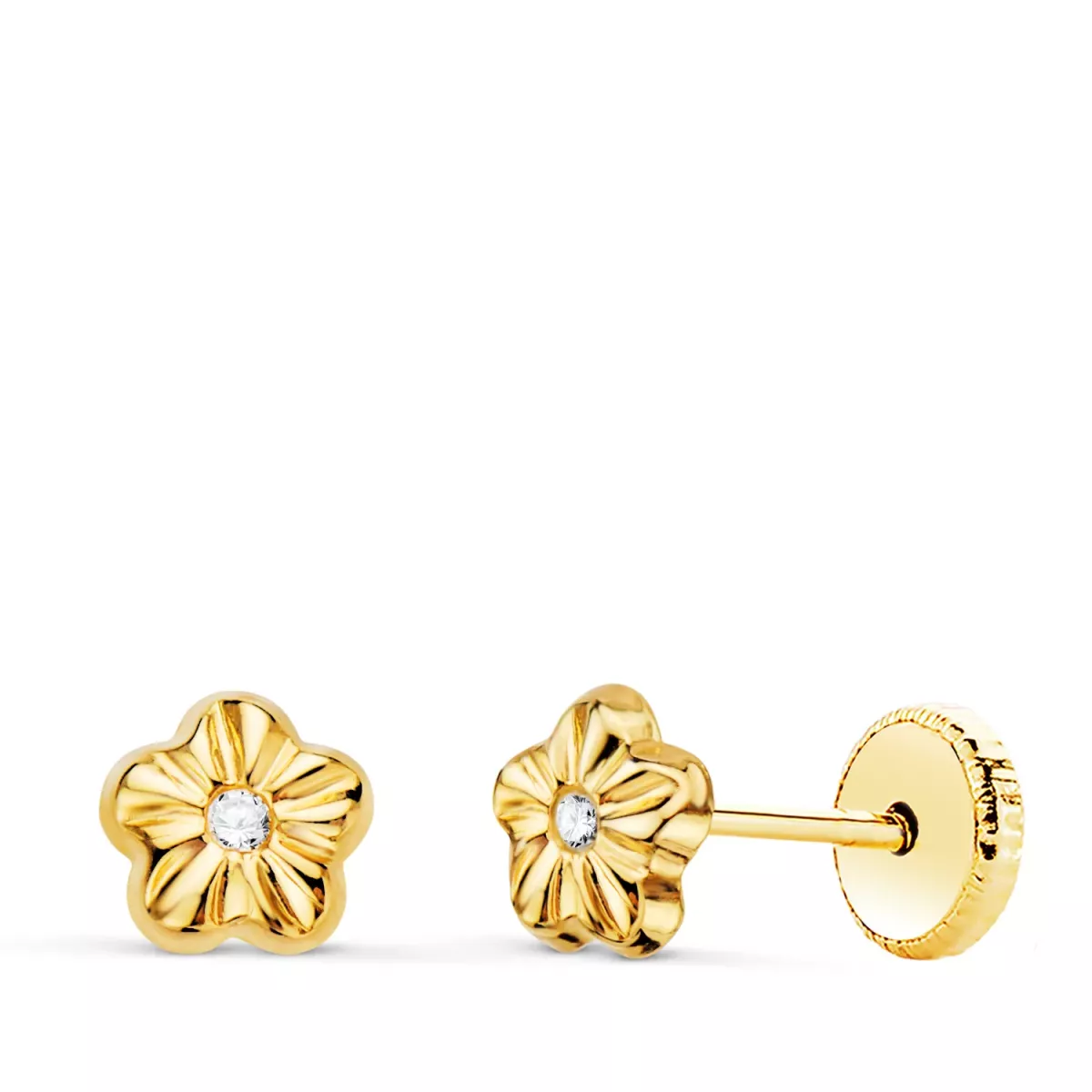 18K PENDIENTES ORO AMARILLO FLOR CON CIRCONITA 5 X 5 MM CIERRE TUERCA 0