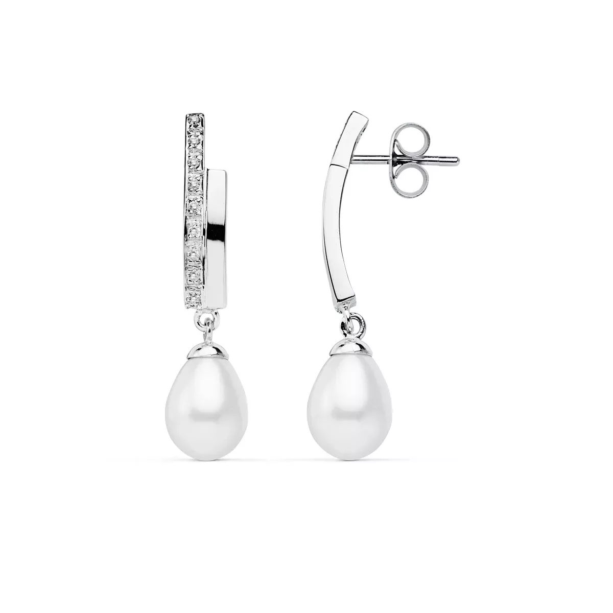 9K PENDIENTES ORO BLANCO PERLA 32X8 MM CIERRE PRESION 2