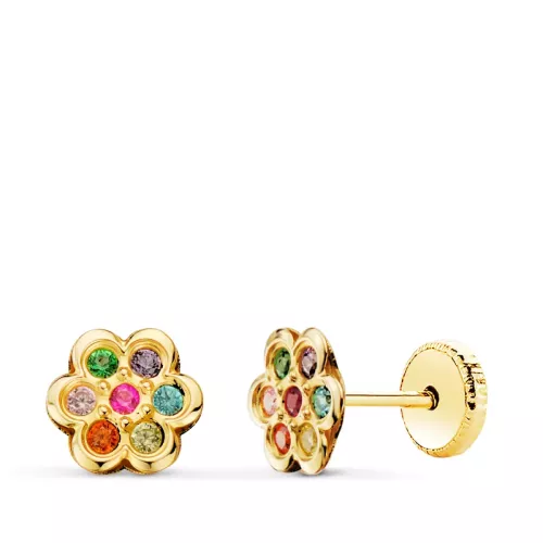 18K PENDIENTES ORO AMARILLO FLOR CON CIRCONITA COLORES 6X6 MM CIERRE TUERCA 0