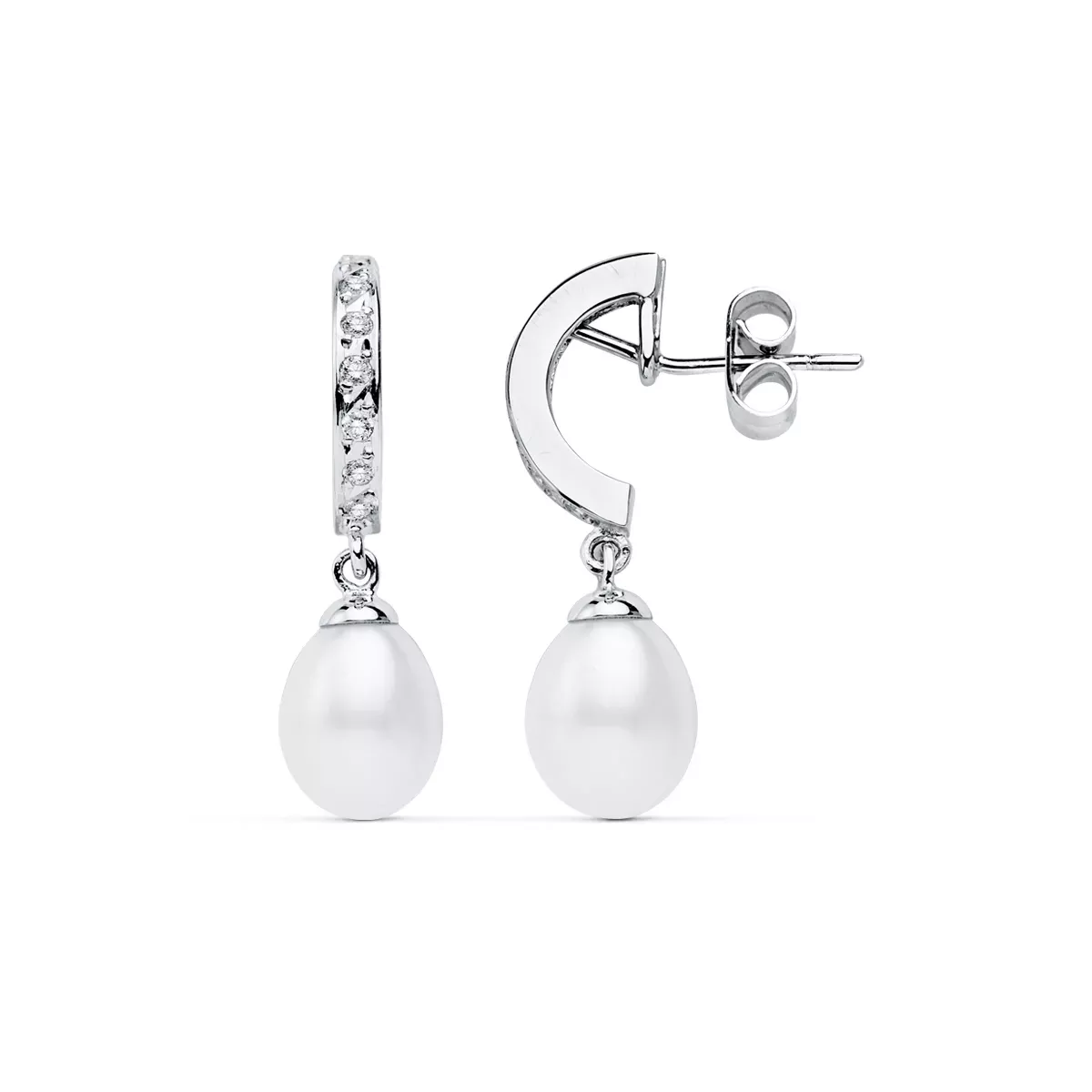 9K PENDIENTES ORO BLANCO PERLA 28X8 MM CIERRE PRESION 2