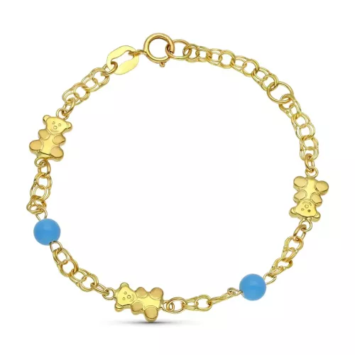 18K PULSERA ORO AMARILLO OSOS Y TURQUESAS 14CM 2