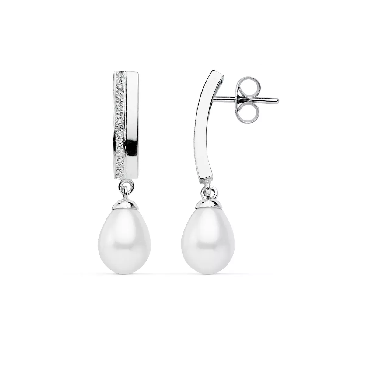 9K PENDIENTES ORO BLANCO PERLA 30X7 MM CIERRE PRESION 2