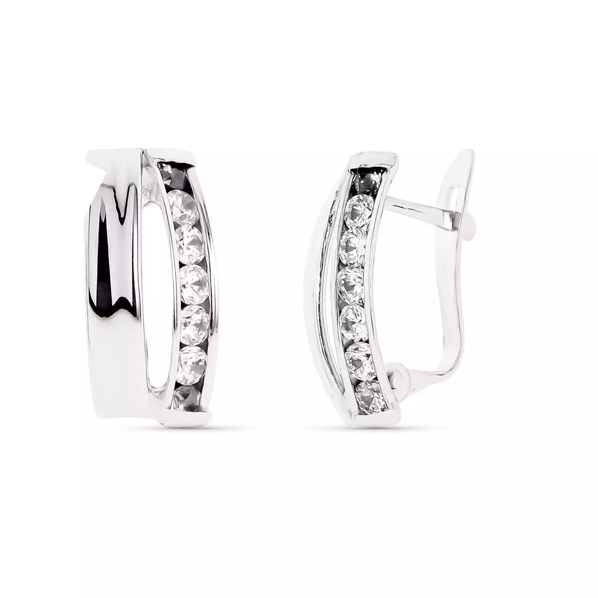 9K PENDIENTES ORO BLANCO BANDAS CON CIRCONITA 14X7 MM CIERRE CATALAN 1