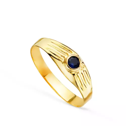 18K SOLITARIO ORO AMARILLO HUECO DE BEBE O MEÑIQUE CIRCONITA AZUL 3MM LATERAL GALLONEADO 0