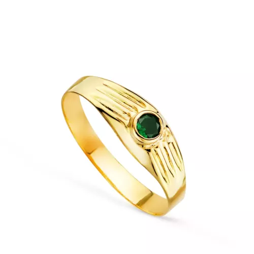 18K SOLITARIO ORO AMARILLO HUECO DE BEBE O MEÑIQUE CIRCONITA VERDE 3MM LATERAL GALLONEADO 0