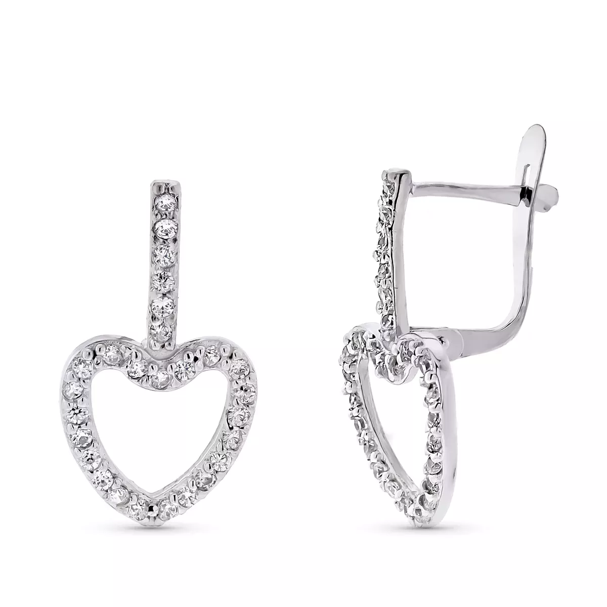 9K PENDIENTES ORO BLANCO DOS CUERPOS CORAZON CIRCONITA 20X10 MM CIERRE CATALAN 1