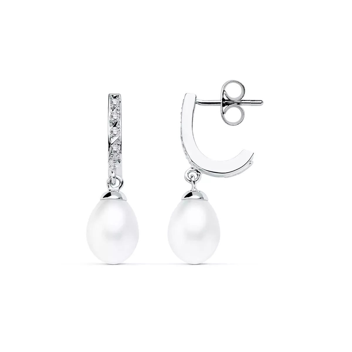 9K PENDIENTES ORO BLANCO PERLA 25X7 MM CIERRE PRESION 1