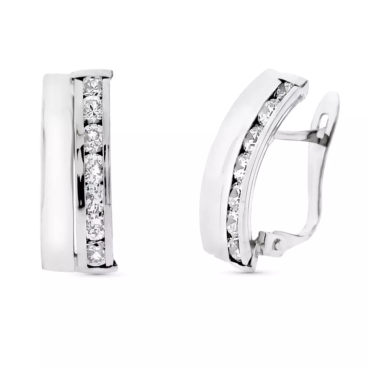 9K PENDIENTES ORO BLANCO BANDAS Y CIRCONITA 16X7 MM CIERRE CATALAN 1