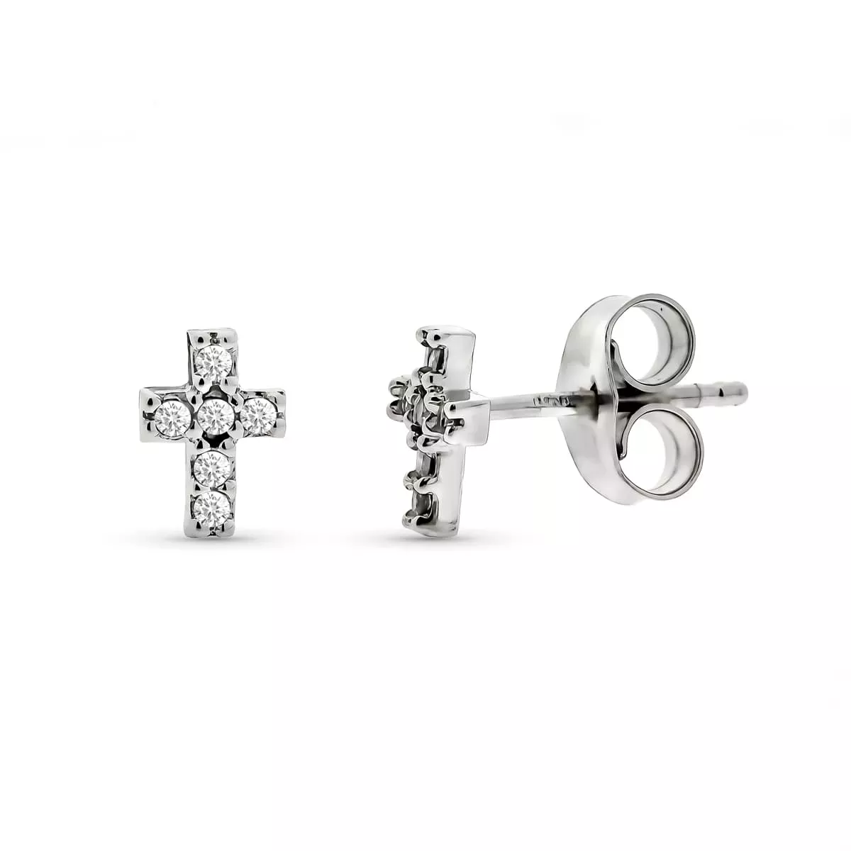 9k PENDIENTES ORO BLANCO CRUZ DIAMANTES 0.06 CTS SI-H 6X4 MM PRESION 0