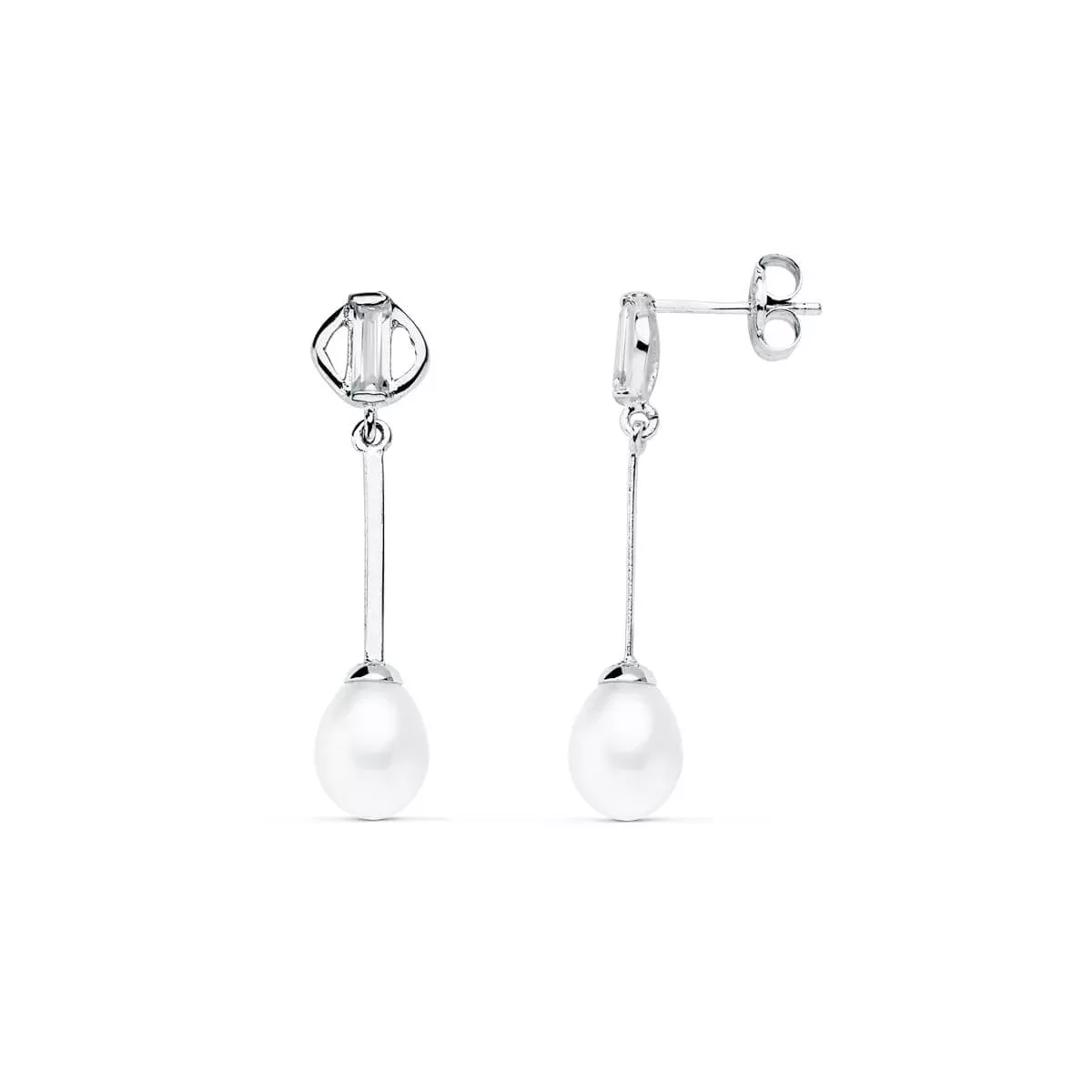 9K PENDIENTES LARGOS ORO BLANCO PERLA CIERRE PRESION 1