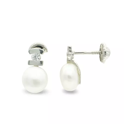 9K PENDIENTES ORO BLANCO PERLA CIRCONITA 10X6 MM CIERRE TUERCA 0