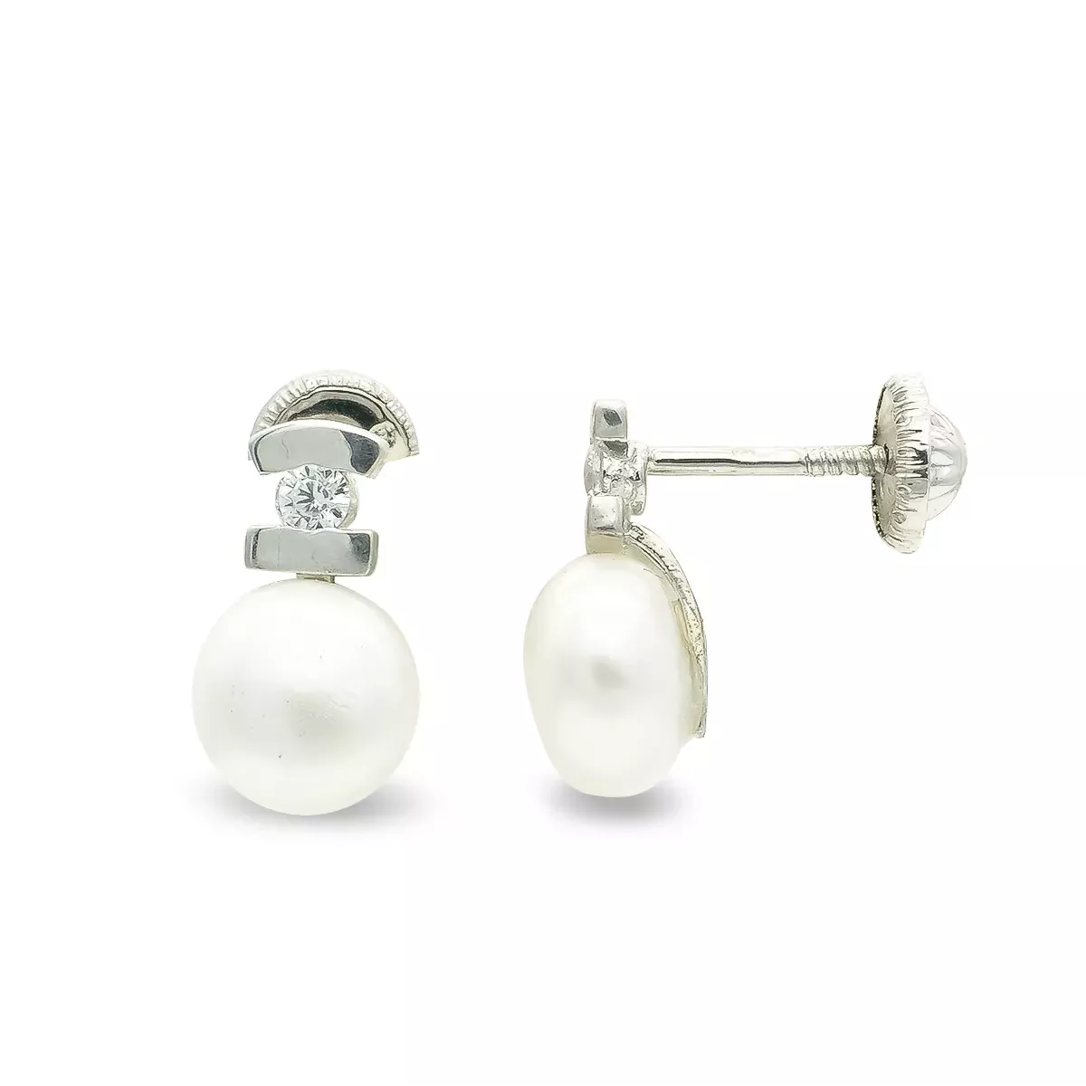 9K PENDIENTES ORO BLANCO PERLA CIRCONITA 10X6 MM CIERRE TUERCA 0