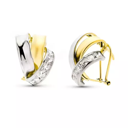 9K PENDIENTES ORO BICOLOR BANDAS CON CIRCONITAS. MEDIDA: 16X13 MM. CIERRE OMEGA 2