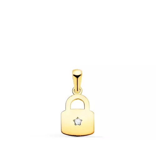 18K COLGANTE ORO AMARILLO CANDADO EN BRILLO CON CIRCONITA 14 X 9 MM 0