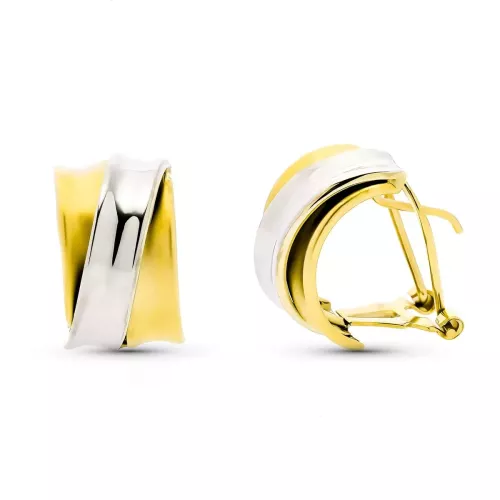 9K PENDIENTES ORO BICOLOR BANDAS MATE Y BRILLO. MEDIDA: 15 X 9 MM. CIERRE OMEGA 2