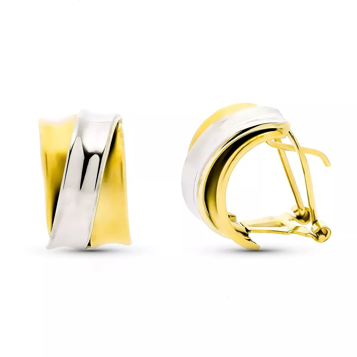 9K PENDIENTES ORO BICOLOR BANDAS MATE Y BRILLO. MEDIDA: 15 X 9 MM. CIERRE OMEGA 2