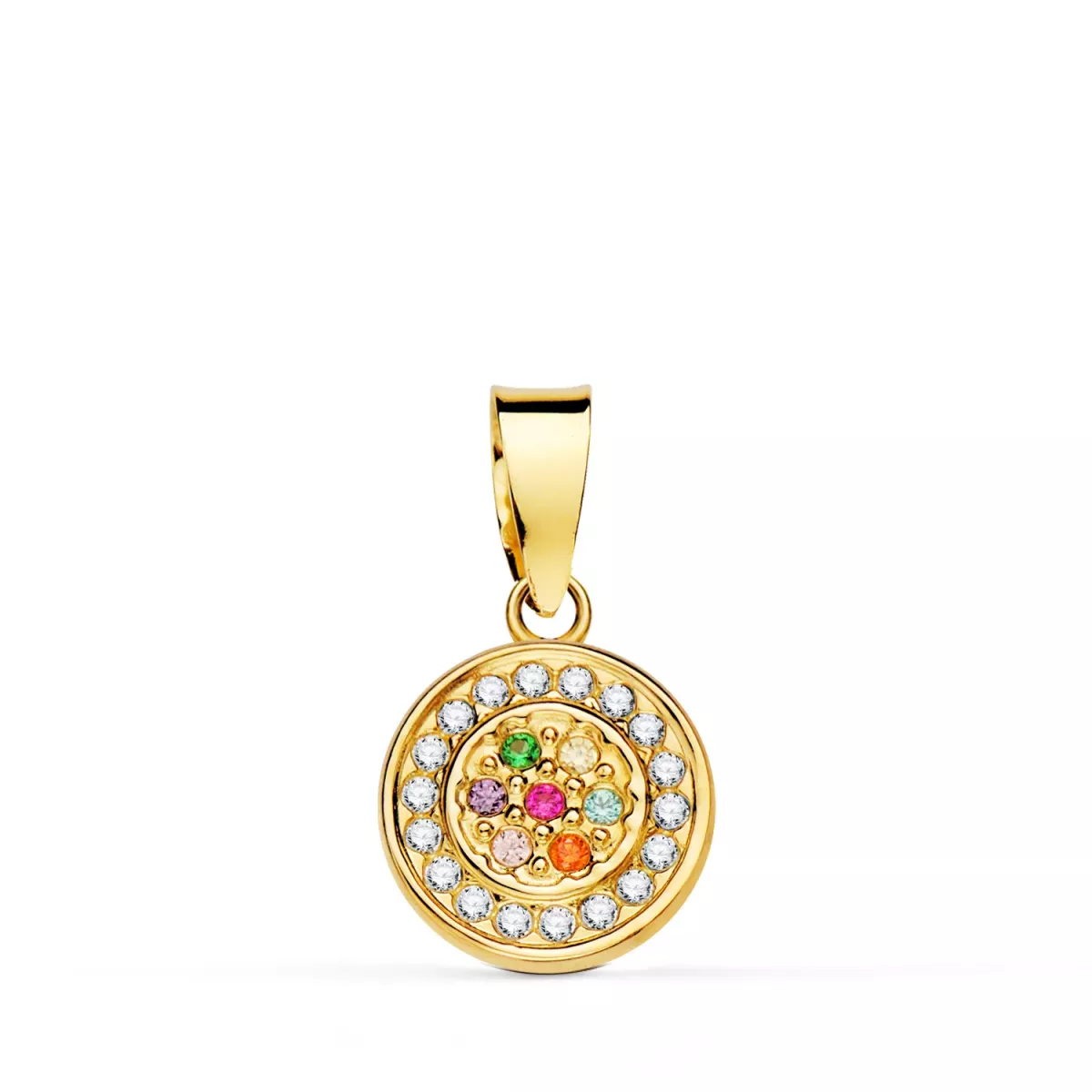 18K COLGANTE ORO AMARILLO CON CIRCONITA BLANCAS Y MULTICOLOR. DIAMETRO: 9MM 0