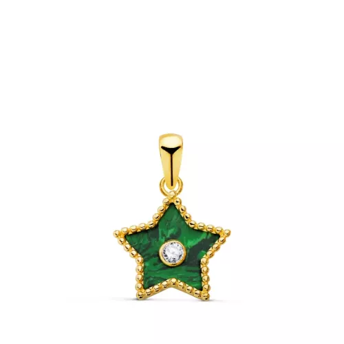 18K COLGANTE ORO AMARILLO ESTRELLA CERCO BOLITAS Y MALAQUITA CON CIRCONITA 12X11 MM. 0
