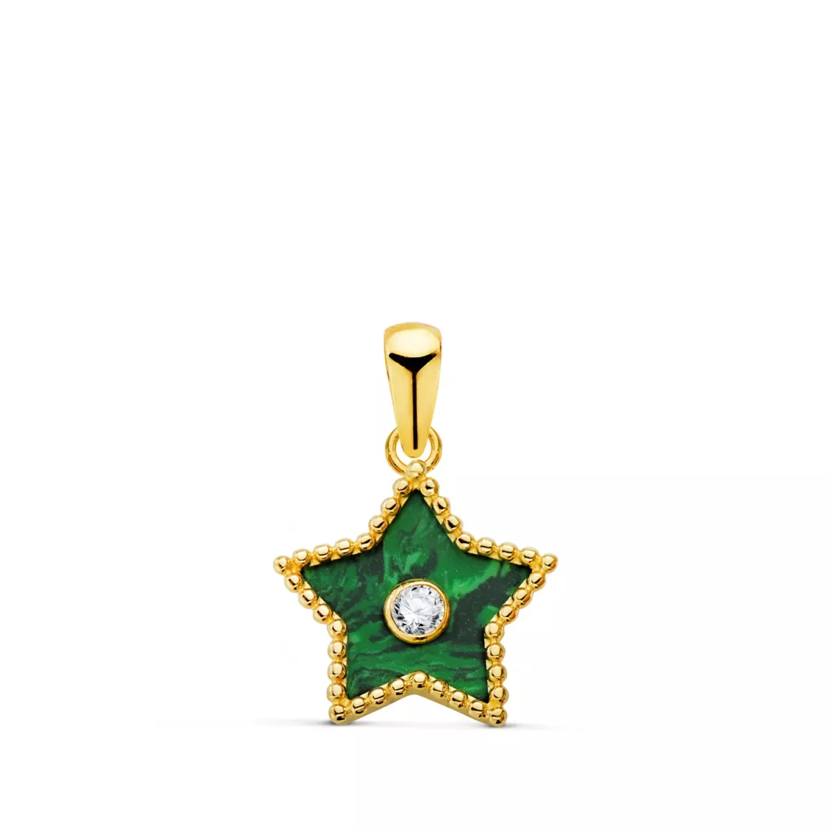 18K COLGANTE ORO AMARILLO ESTRELLA CERCO BOLITAS Y MALAQUITA CON CIRCONITA 12X11 MM. 0