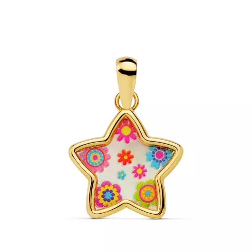 18K COLGANTE ORO AMARILLO ESTRELLA NACAR COLORES. 13X13 MM 0