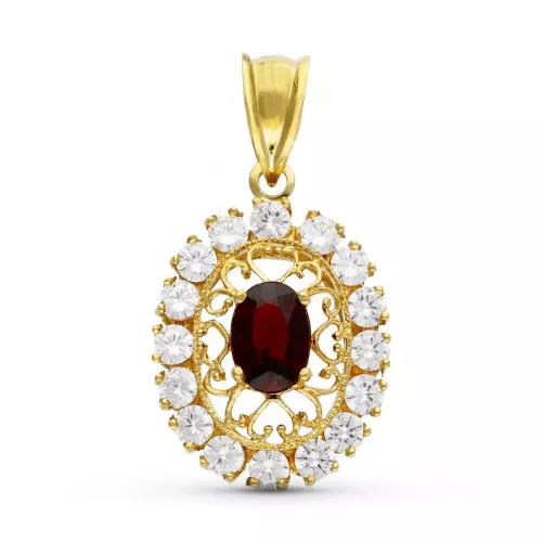 18K COLGANTE ORO AMARILLO FILIGRANA OVAL GRANATE Y CIRCONITAS 2