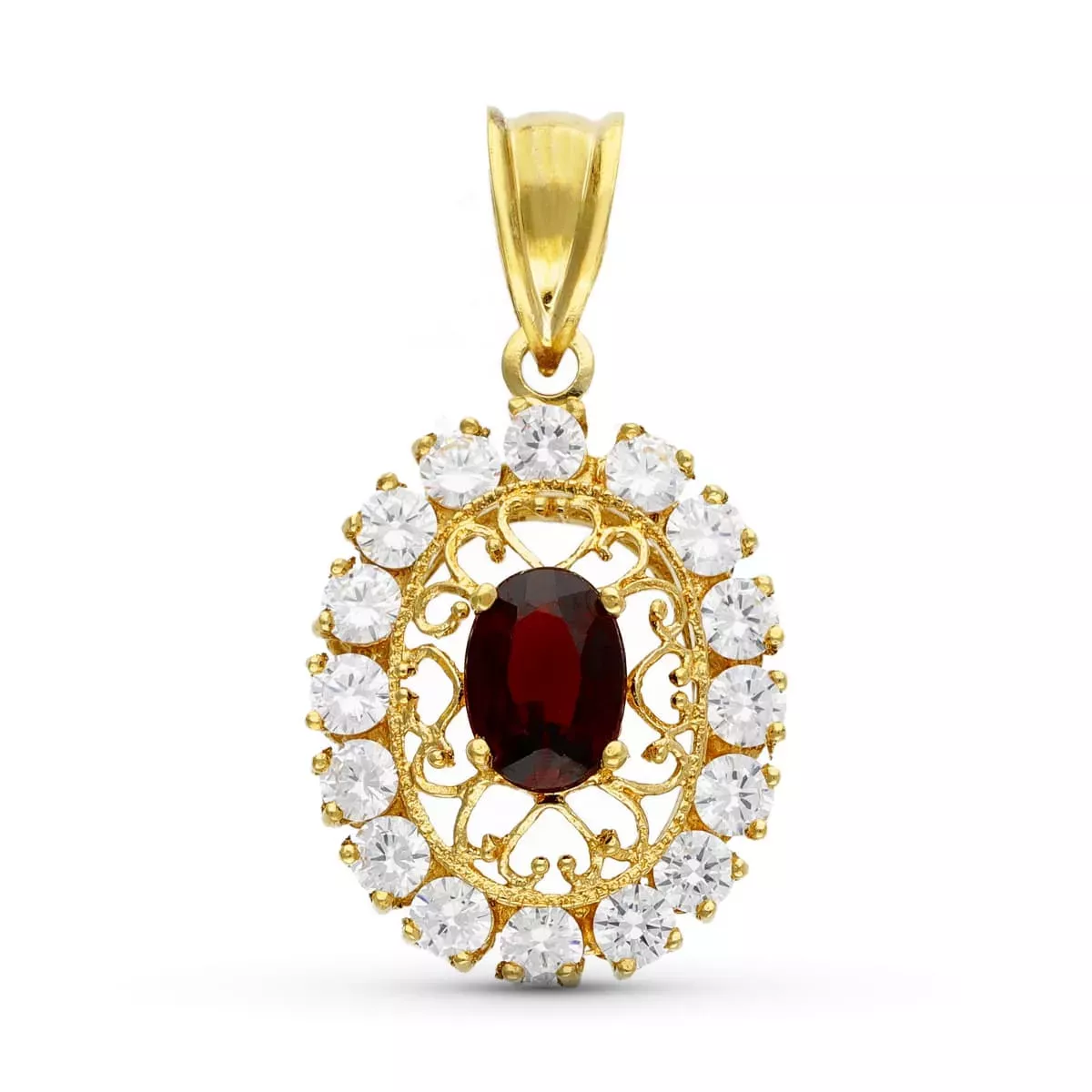 18K COLGANTE ORO AMARILLO FILIGRANA OVAL GRANATE Y CIRCONITAS 2