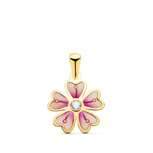 18K COLGANTE ORO AMARILLO FLOR 5 PETALOS CON ESMALTE COLOR Y CIRCONITA. 13 X 11 MM 0