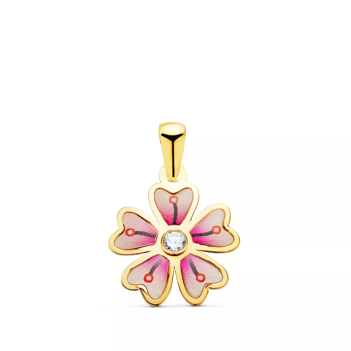 18K COLGANTE ORO AMARILLO FLOR 5 PETALOS CON ESMALTE COLOR Y CIRCONITA. 13 X 11 MM 0