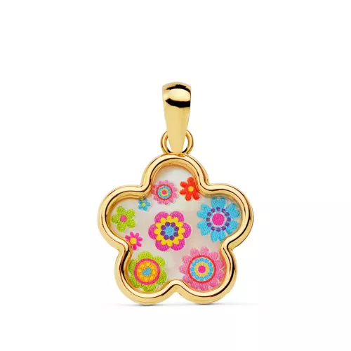18K COLGANTE ORO AMARILLO FLOR NACAR COLORES. 13X13 MM 0