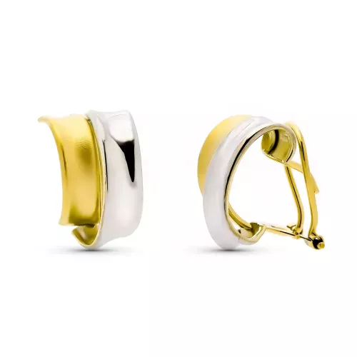 9K PENDIENTES ORO BICOLOR BANDAS 14X9 MM CIERRE OMEGA 1