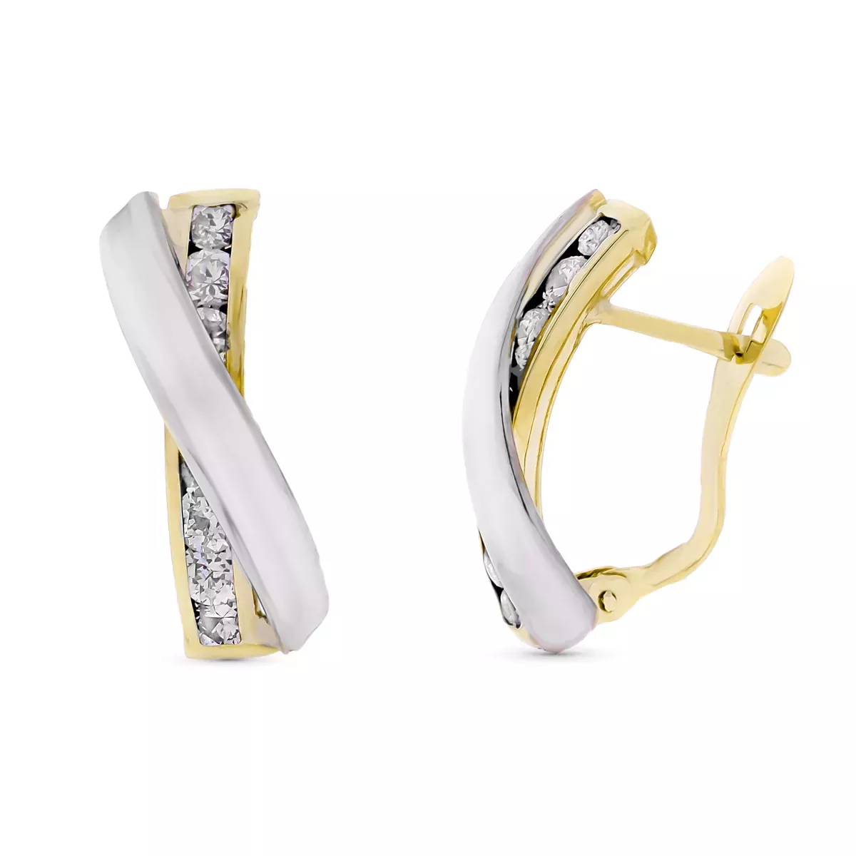 9K PENDIENTES ORO BICOLOR BANDAS CRUZADA CIRCONITA 18X8 MM CATALAN 1