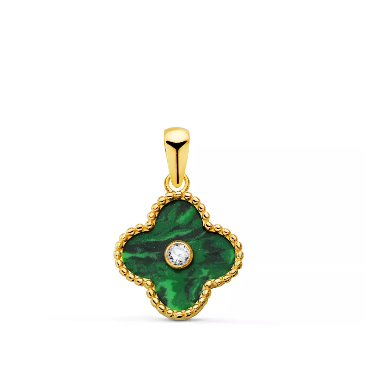 18K COLGANTE ORO AMARILLO TREBOL CERCO BOLITAS Y MALAQUITA CON CIRCONITA 12