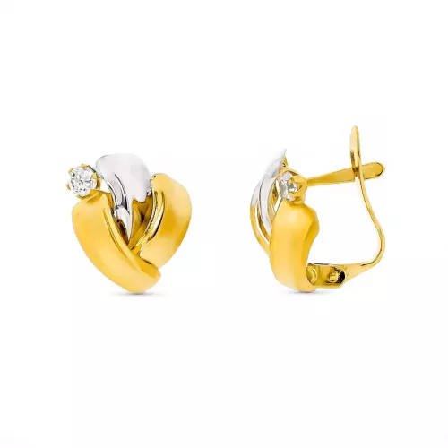 9K PENDIENTES ORO BICOLOR BANDAS CON CIRCONTIAS. 12X10 MM CIERRE CATALAN 1