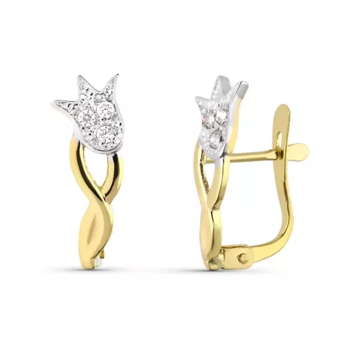 9K PENDIENTES ORO BICOLOR TULIPAN CIRCONITA 15X5 MM CIERRE CATALAN 1