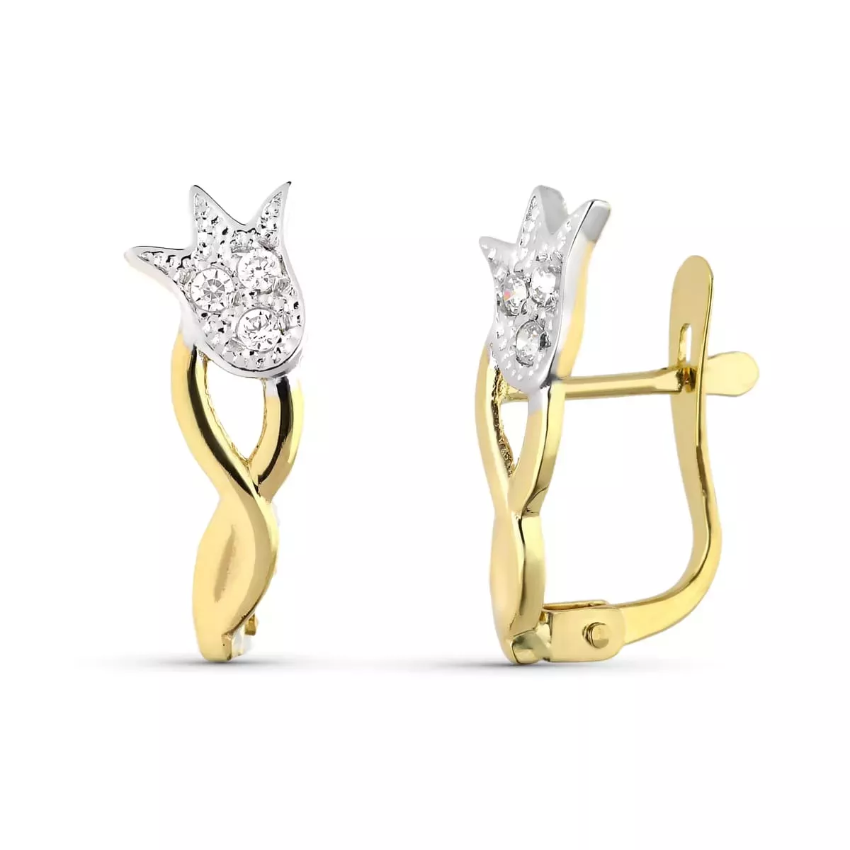 9K PENDIENTES ORO BICOLOR TULIPAN CIRCONITA 15X5 MM CIERRE CATALAN 1