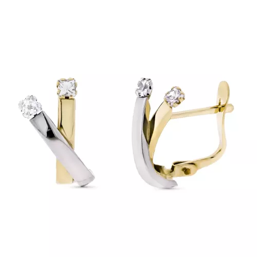 9K PENDIENTES ORO BICOLOR BANDA Y CIRCONITA 13X6 MM CIERRE CATALAN 1