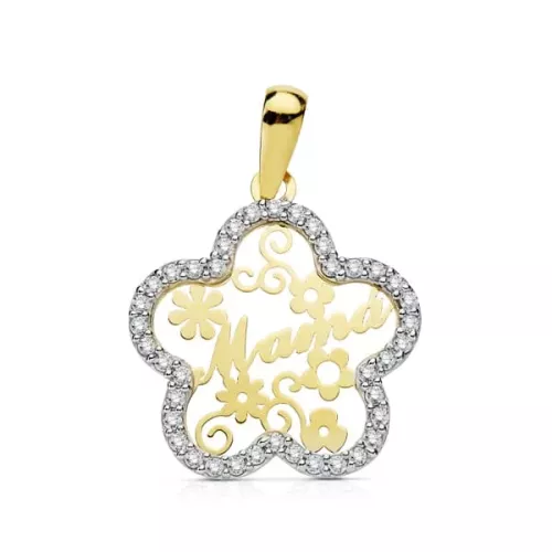 9K COLGANTE ORO BICOLOR MAMA CIRCONITA FLOR 18 MM 1