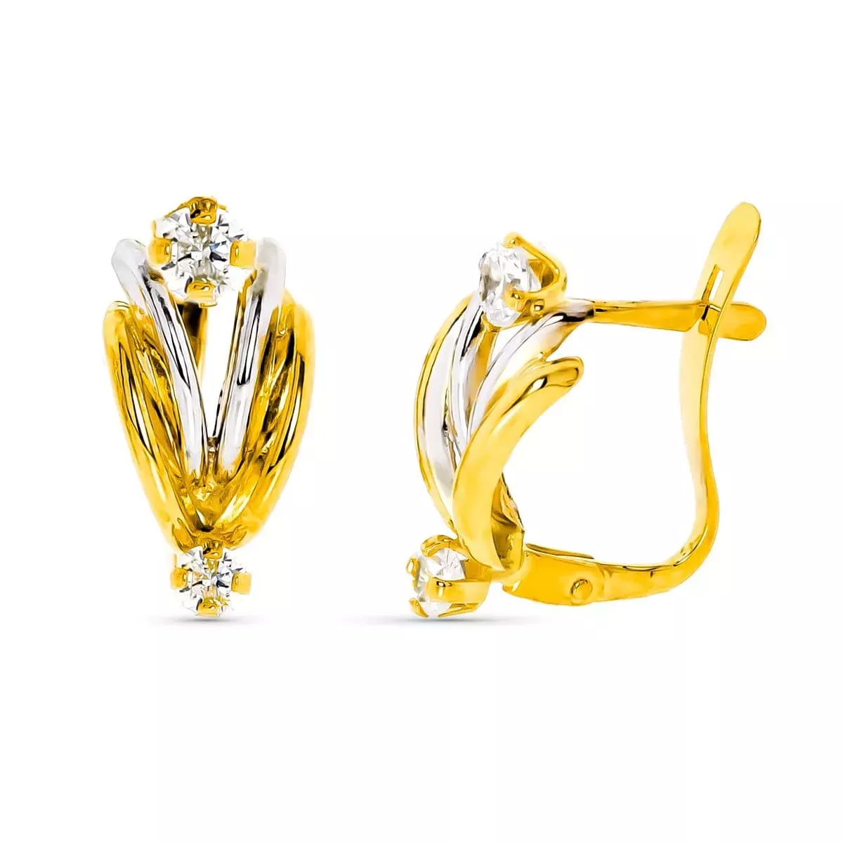 9K PENDIENTES ORO BICOLOR BANDAS CON PIEDRA CIERRE CATALAN 1