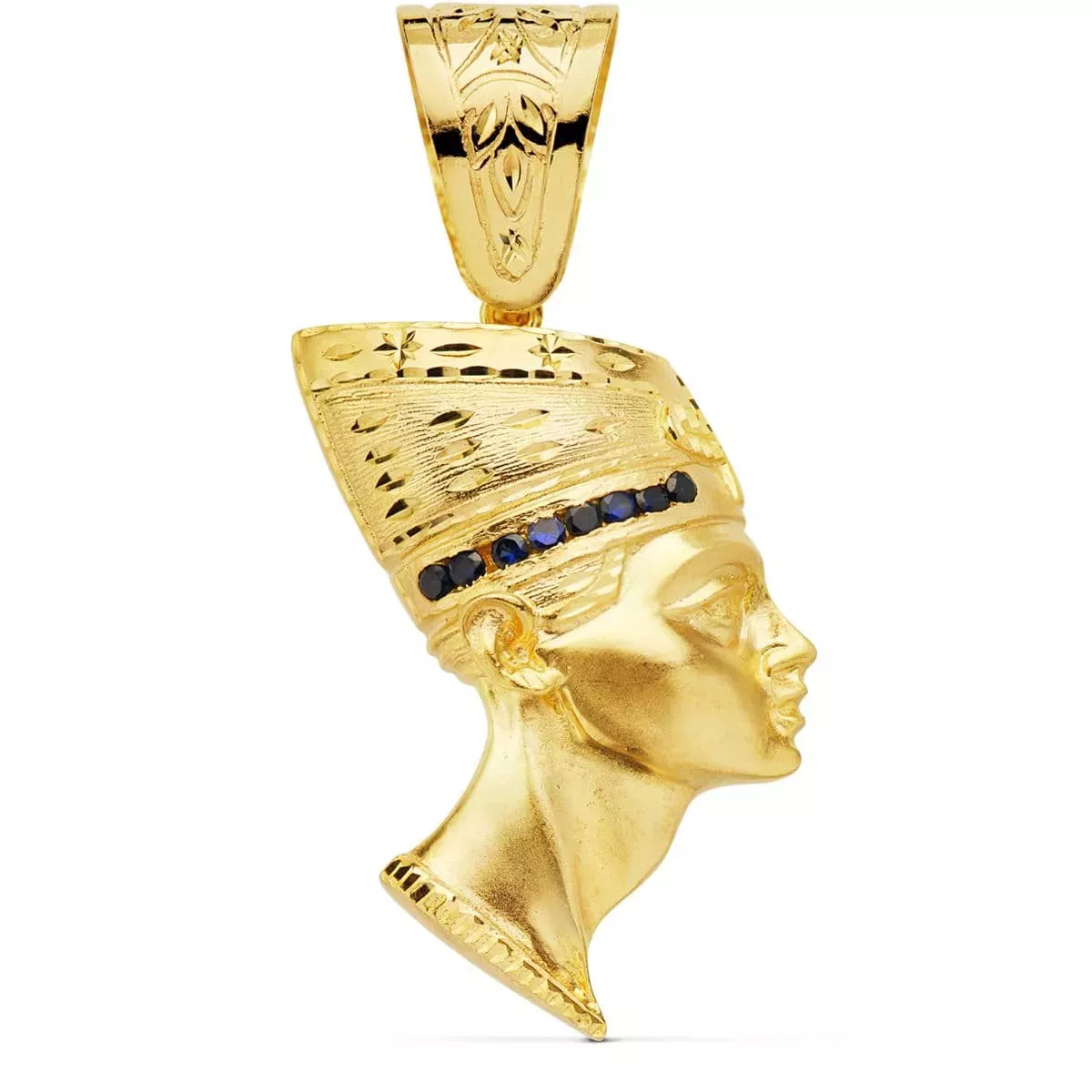 18K COLGANTE ESFINGE NEFERTITI GIGANTE CON CIRCONITA AZULES ORO AMARILLO. 50 X 35 MM 32