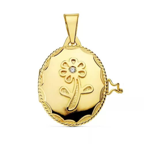 18K COLGANTE GUARDAPELO DIJE PORTAFOTOS ORO AMARILLO FLOR CIRCONITA 22X19 MM 4